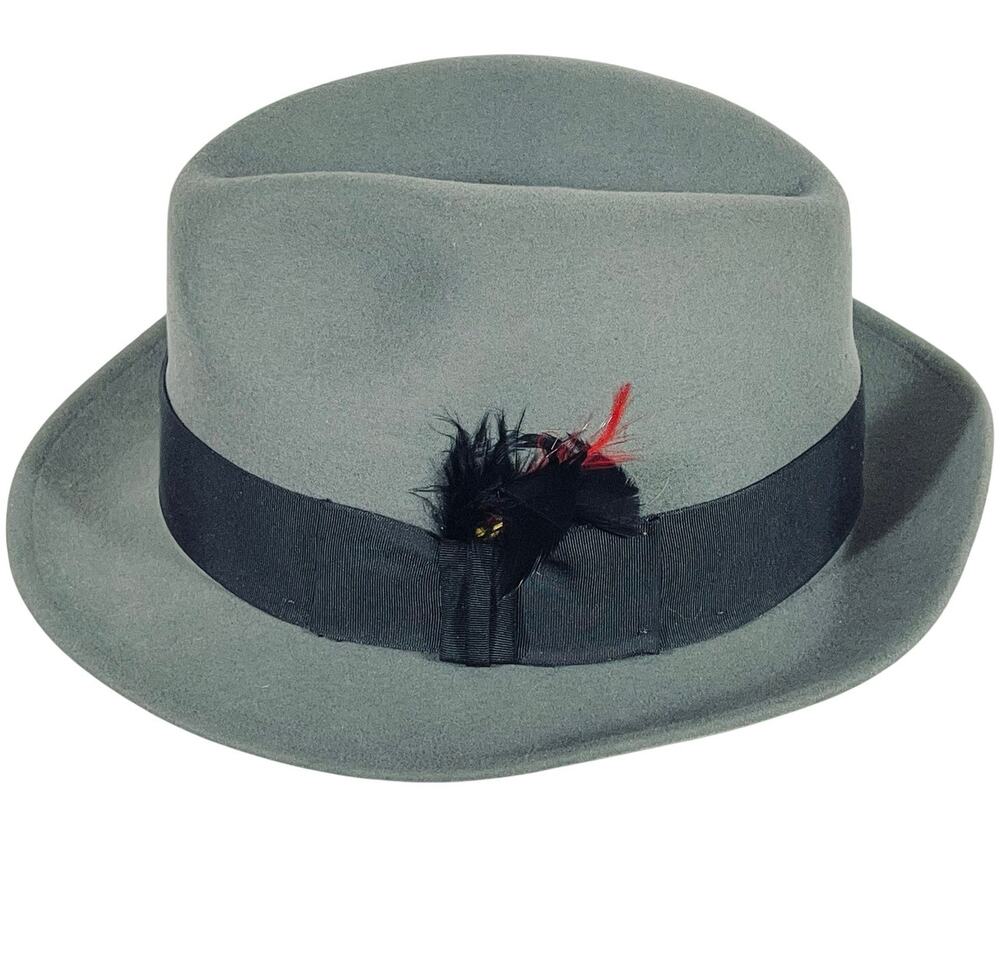 Vintage Mallory by Stetson Fedora Hat Men Pure Wool Gray Feather Cap 7 1/2